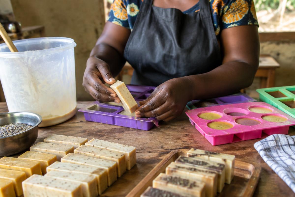 A participant making soap during practical skills training